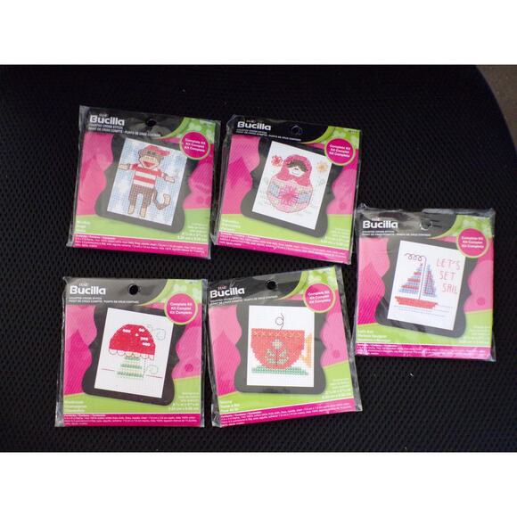 Bucilla Cross Stitch Kits Mini Frame Teacup Monkey Doll Sail Boat Mushroom - Picture 2 of 5